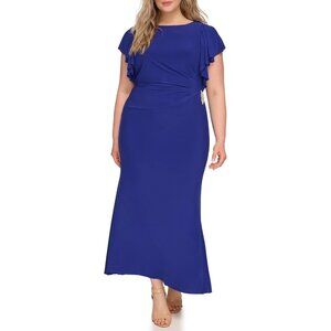 Women's Maxi Gown Ruched Flutter Sleeve Boat Neck Plus Size Evening Dress